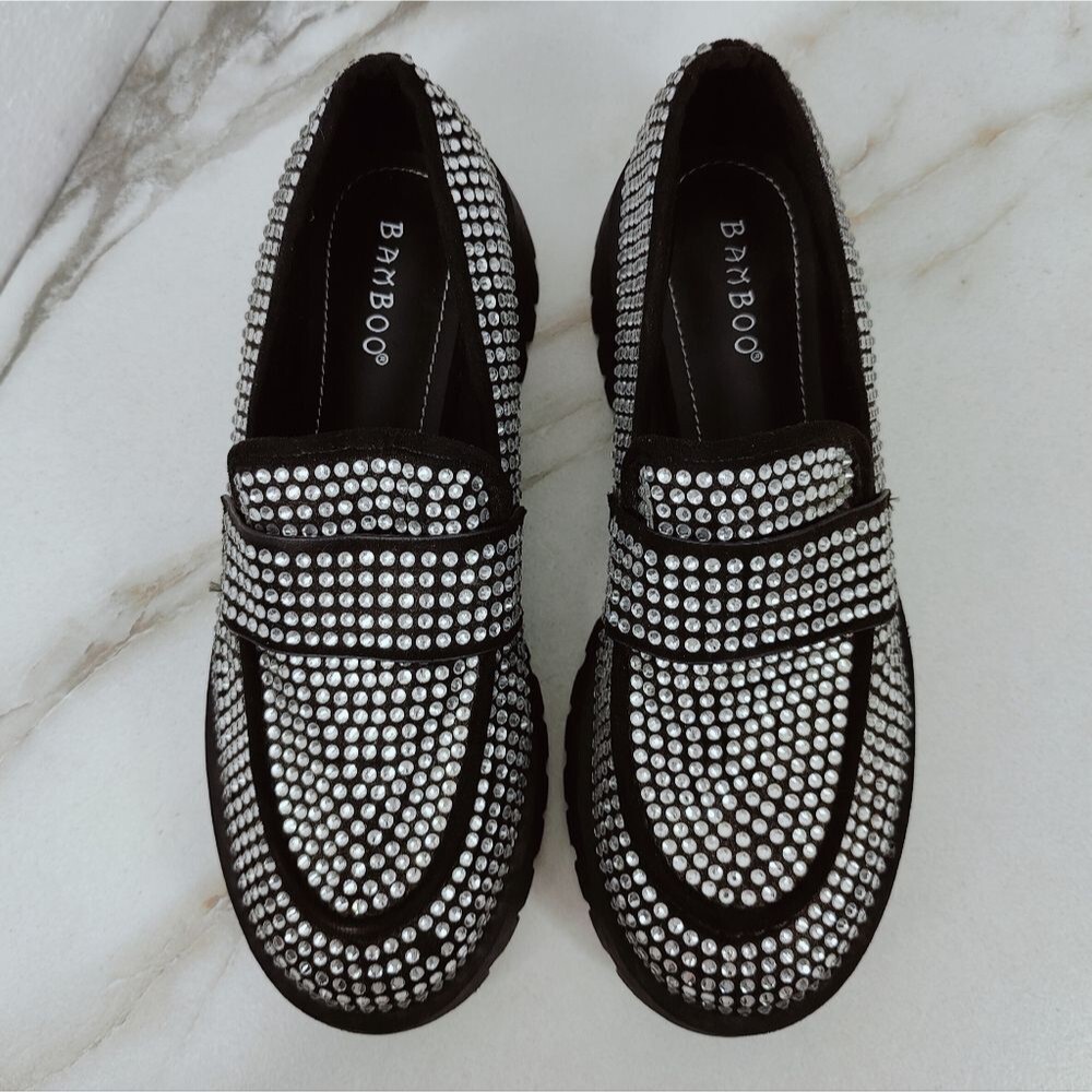 Bamboo Miranda Black Rhinestone Platform Lug Sole Chunky Loafers, 7.5 - Picture 4 of 11
